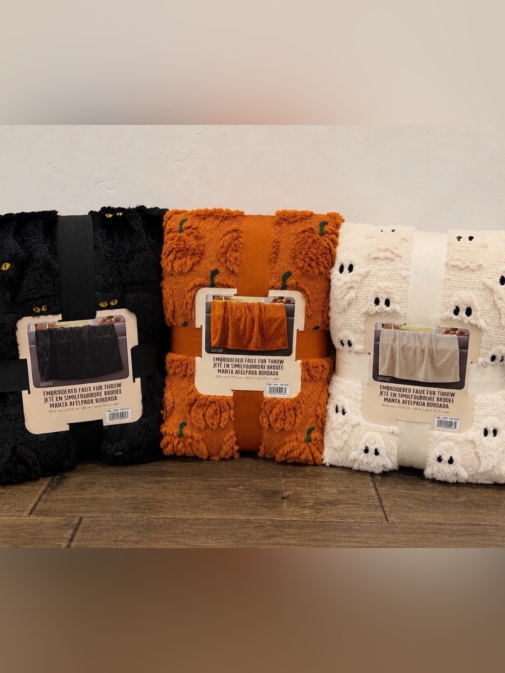VIRAL Set of ALL 3 Costco Cozy Embroidered Faux Fur Throw Halloween Ghost Cat